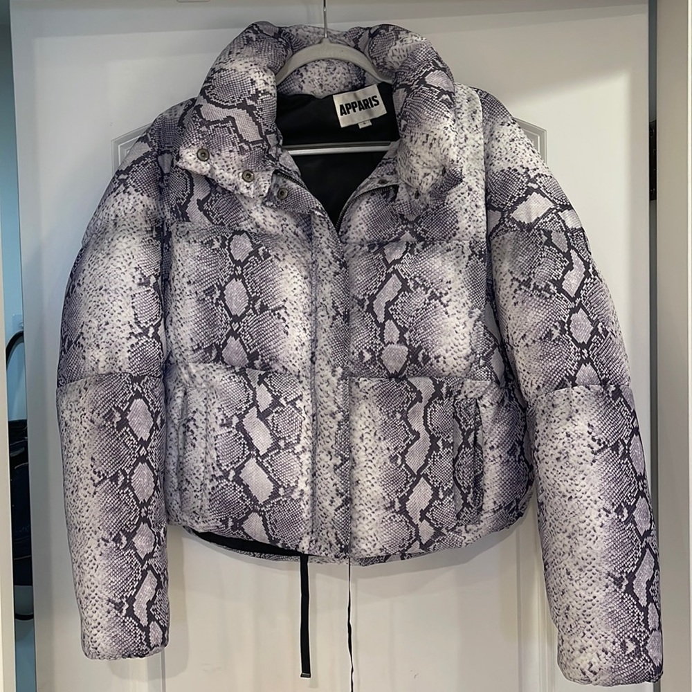Puffer Jacket | Apparis | lavender snake print, small